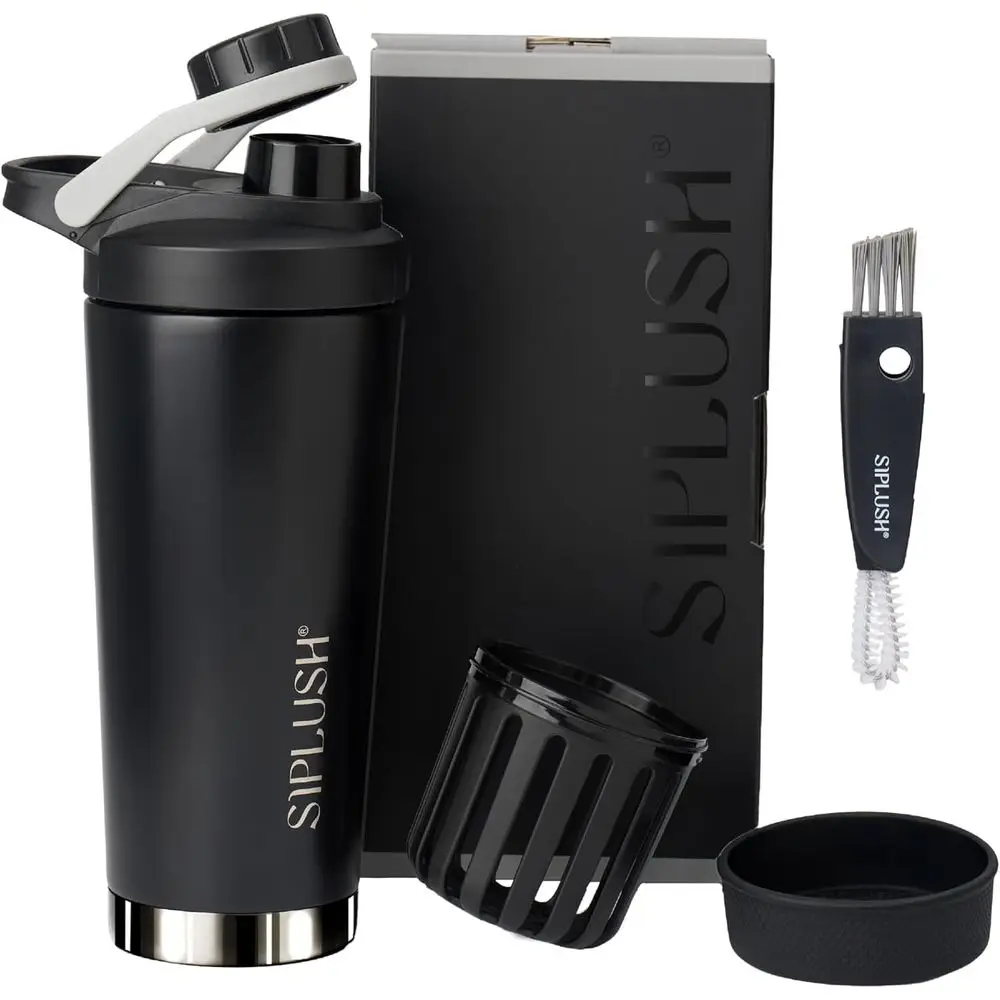 

24 oz Insulated Stainless Steel Protein Shaker with Lid Brush & Protective Boot, Leakproof, Onyx Silver with Mirror Finish Botto