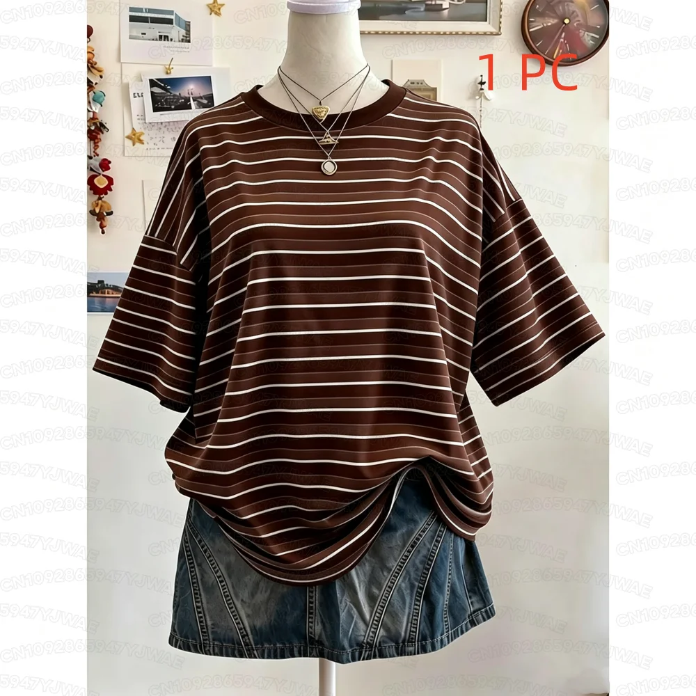 Sommer Y2K Gestreiftes Oversize-T-Shirt mit Rundhalsausschnitt und Fallschulter für Damen Kurzarm Street Casual Sport-Oberteil – Detail 5