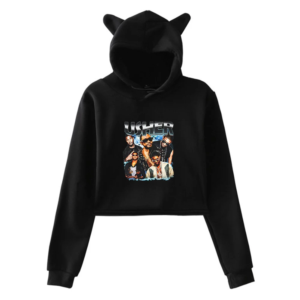 

Usher Vintage Pullover 2024 Tour Merch Cat Ears Hoodie Long Sleeve Streetwear Crop Top Women's Clothes