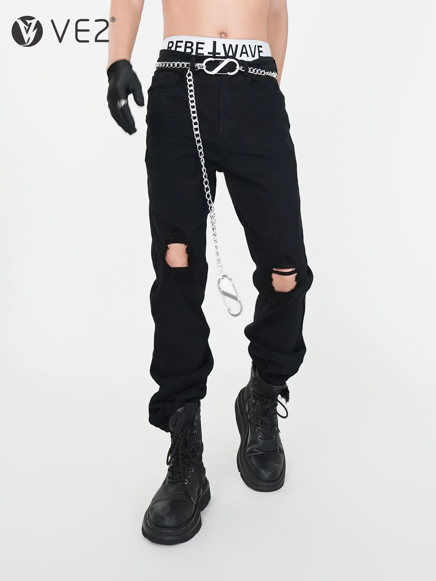 

VE2 Men's Slim Fit Jeans with Hole Design Casual Faion Bootcut Pants Cotton Blend Fabric All Seasons Wear Zipper Closure