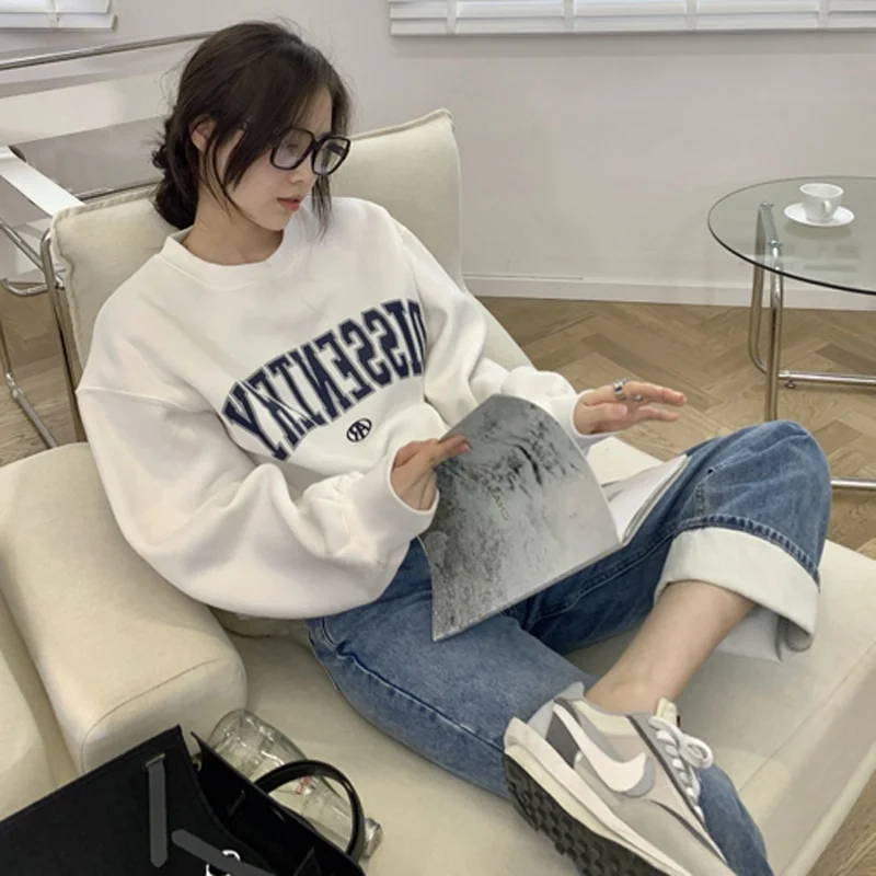 plus Size Hoodie Long Sleeve Pure Cotton Letter Print Korean Sle Casual Loose Women's Spring Autumn Lazy Sle Top