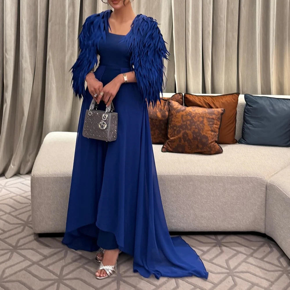 

Exquisite Feathers Off the Shoulder Chiffon Evening Dress Delicate A-Line Floor Length Square Neck Short Sleeves платье вечернee