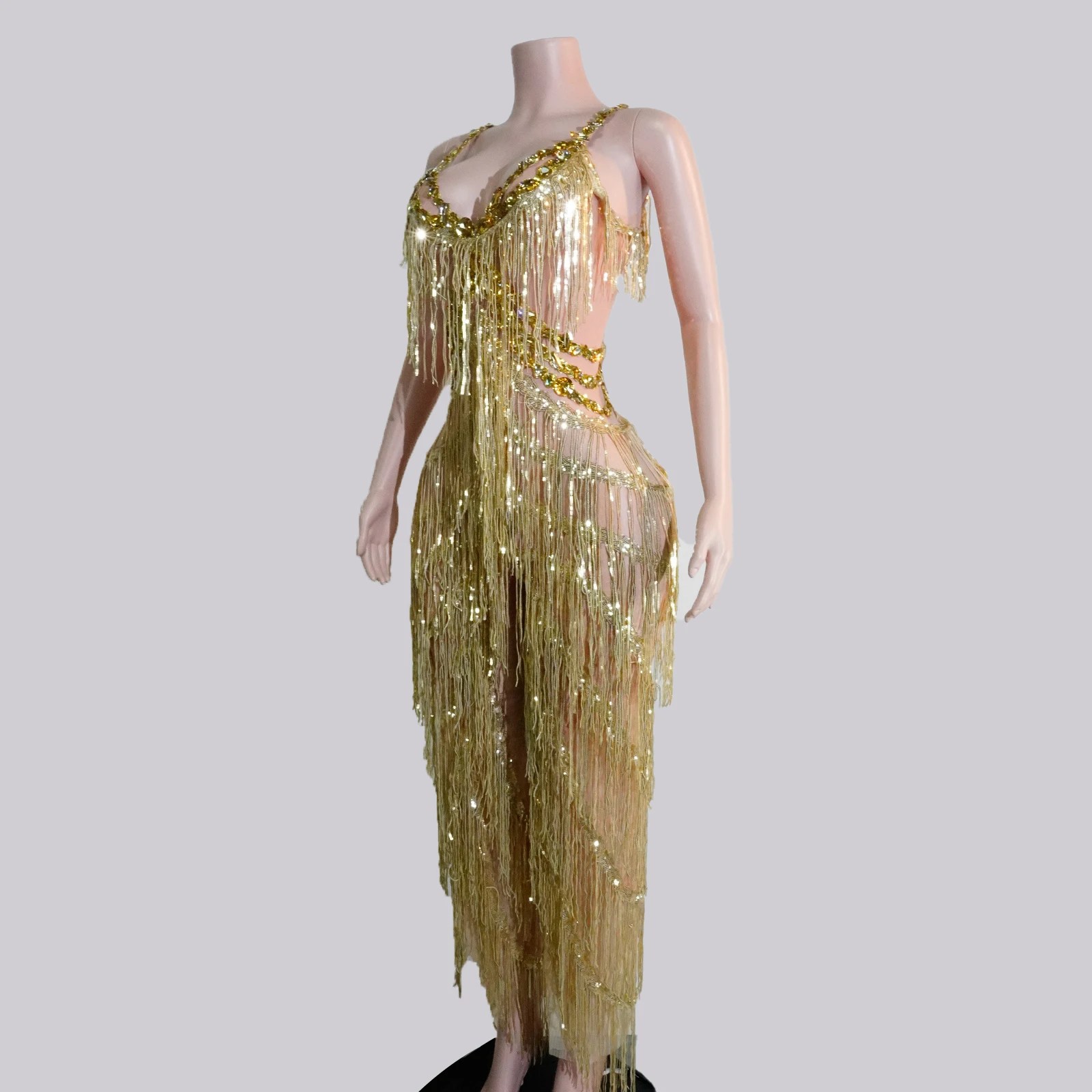 

Sparkle Gold Fringe Rhinestone Jumpsuit Seethrough Singer Latin Dance Gogo Outfits Performance Birthday Satge Festival Party DJ