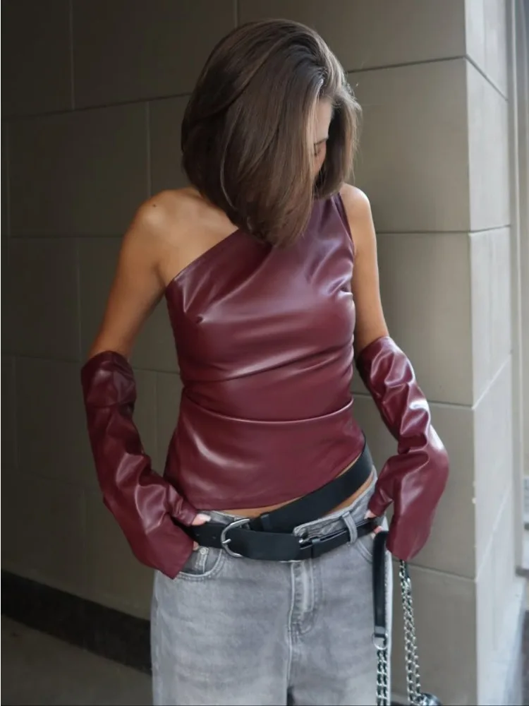 Tossy Autumn PU Tank Top Off-Shoulder Cropped Top Female Long Sleeve Slim Solid Patchwork Streetwear Women Y2k Top Tee 2024