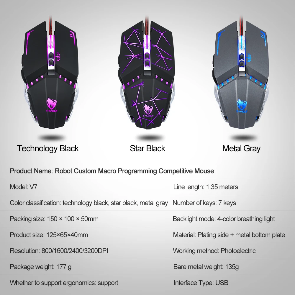 T-WOLF V7 Makró Programba iktat Versenyképes Műkődés Egér vezetékes esports Gépi electroplating Füles csavar Izzó fény Egér  Játék accesories