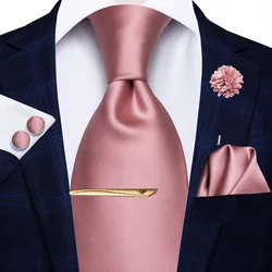 Rose Gold Solid Silk Wedding Tie For Men Handky Cufflink Flower Clip Gift Mens Necktie Fashion Business Party Dropshiping Hi-Tie