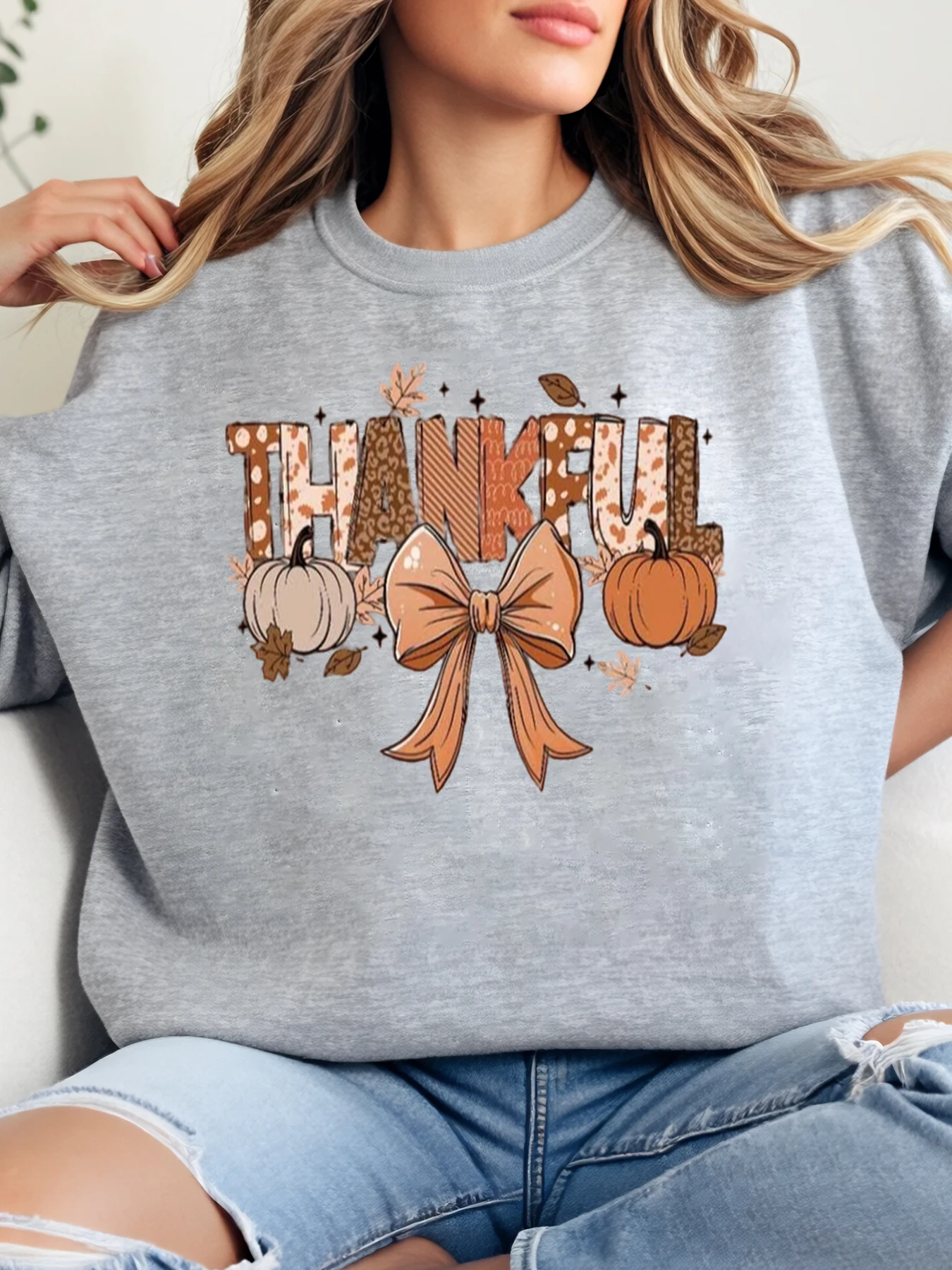 

Женский свитшот с принтом тыквенного банта на День Благодарения, повседневный осенний наряд, серый, больших размеров