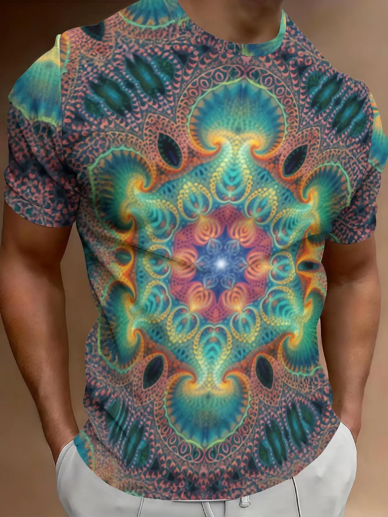 Men 3D Print T-Shirt Mandala Fractal Psychedelic Pattern O Neck Short Sleeve Casual Streetwear Summer Tee