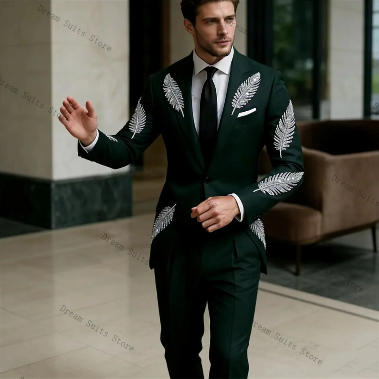 

Feather Crystals Men Suit Set 2 Pcs Blazer+Pants Trousers Customized Spring Green Formal Office Jacket Wedding Tuxedos Prom Coat