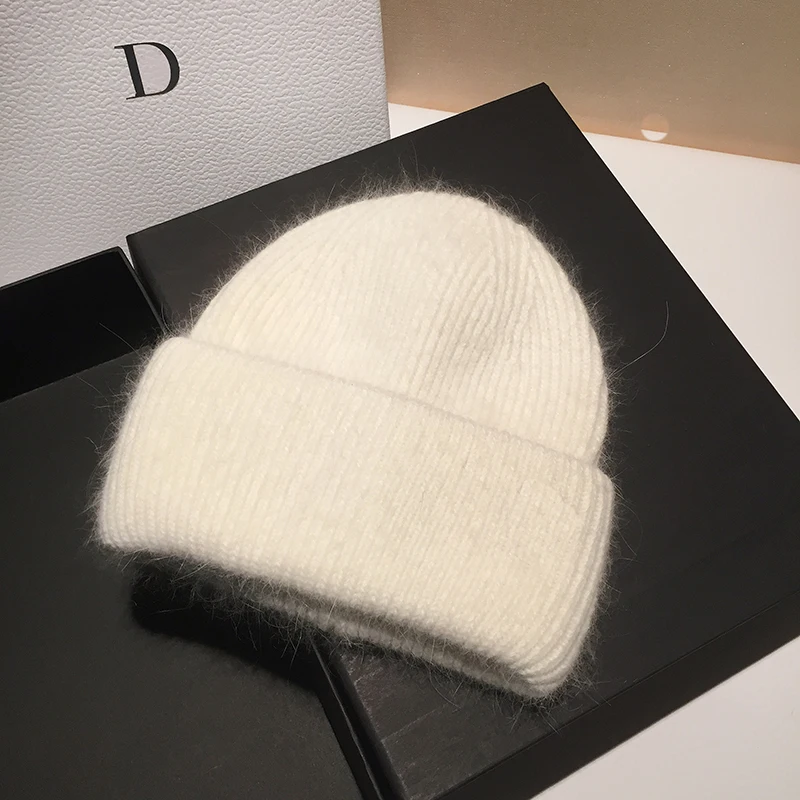 Rabbit Fur Beanies Soft Warm Fluffy Winter Hat for Women Angora Knitted Hat Skullies Beanies Female Bonnet Woman Knit Cap