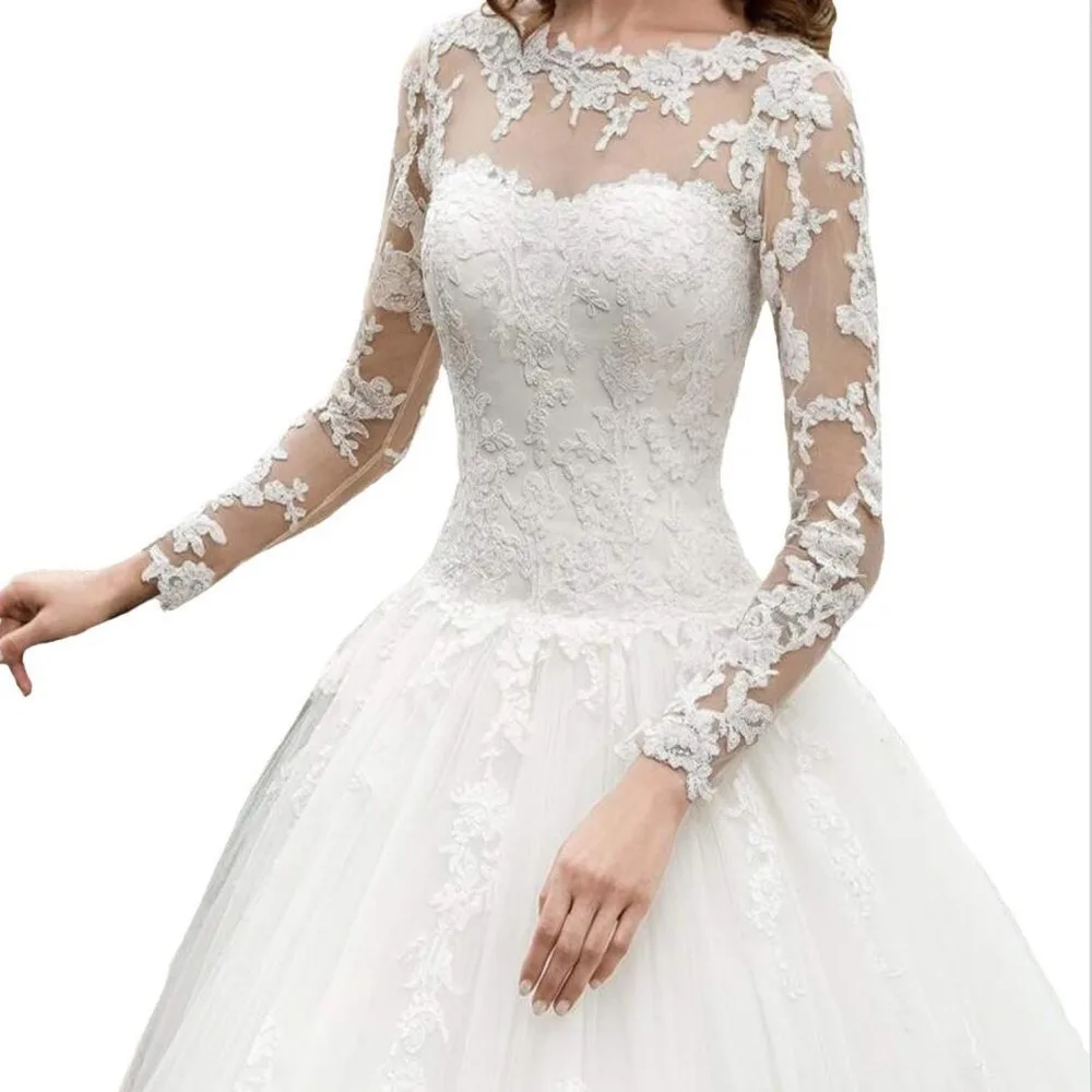 A line Wedding Dress Long Sleeves Scoop Lace Ball Gown  Bridal Gowns