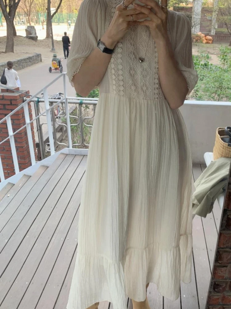 المرأة الياقة المستديرة قصيرة الأكمام الدانتيل الكروشيه فستان كاجوال فضفاض شاطئ حورية البحر عطلة فساتين طويلة بوهو نمط الأبيض Vestidos