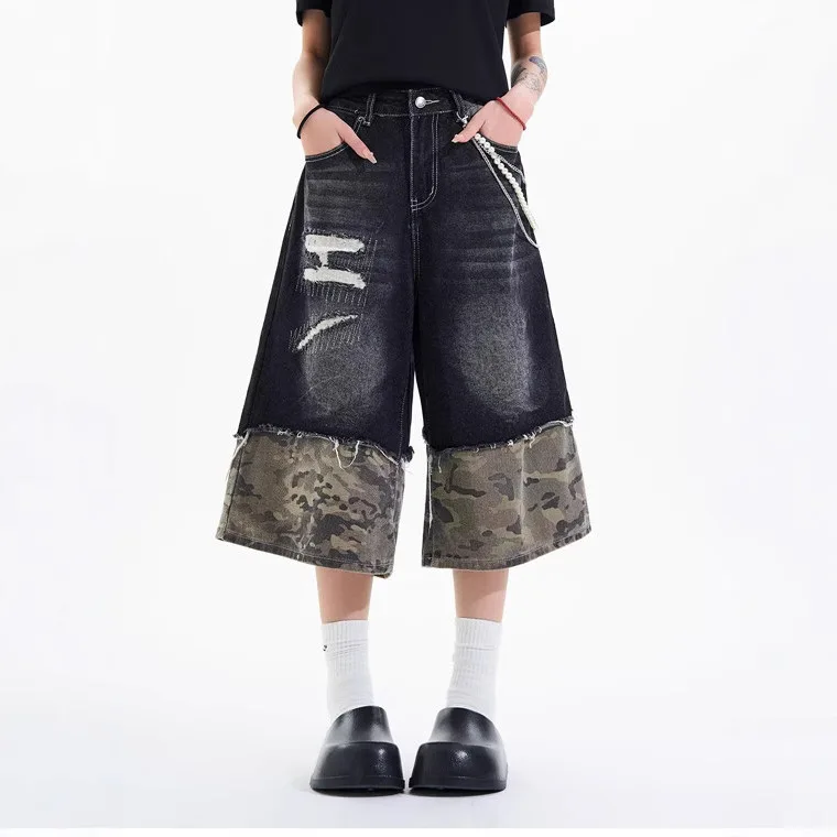 2026 New High Street Old Ripped Stitching Camouflage Denim Shorts Loose Wide-leg Cropped Pants