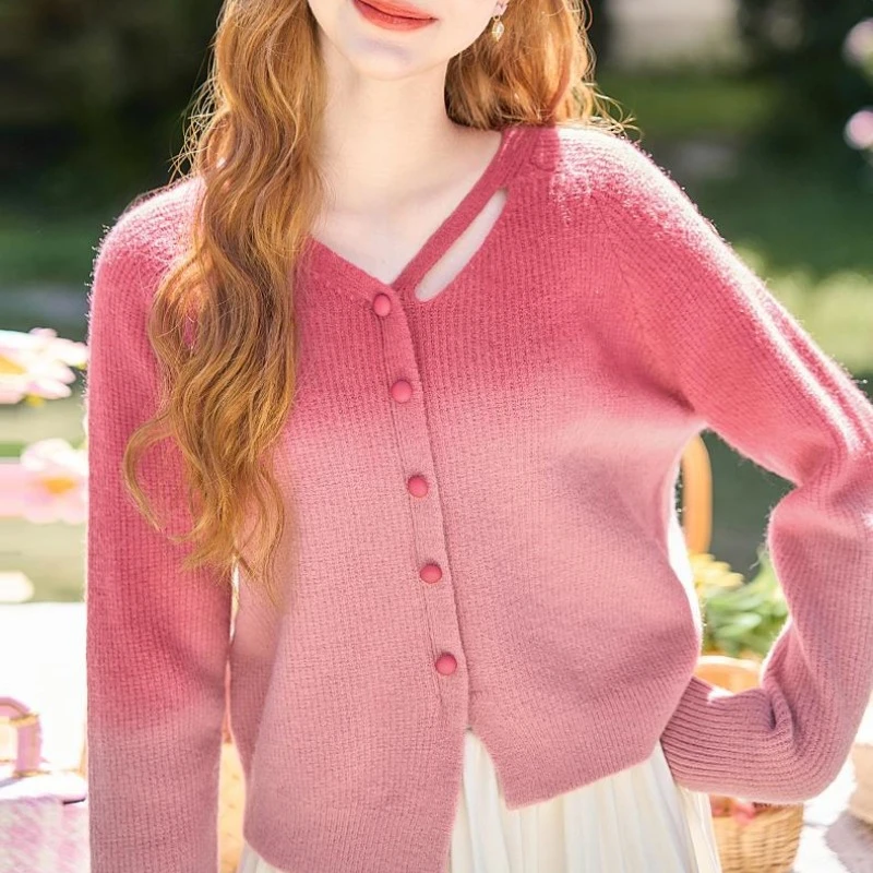 

Knit Cardigan Women Autumn Sweet Pink Gradient Sweater Long Sleeve Single Breasted Female Sweaters V-neck Girls Knitwear Tops