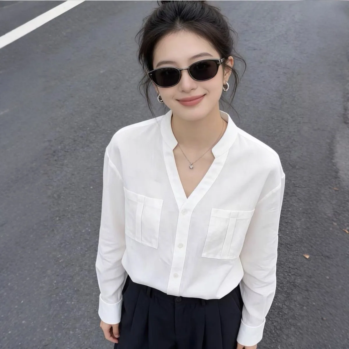 

Spring 2026 Women's Slim Fit Long Sleeve Shirt Pure Color Turn-down Collar Single Button Elegant White Commute Style Polyester