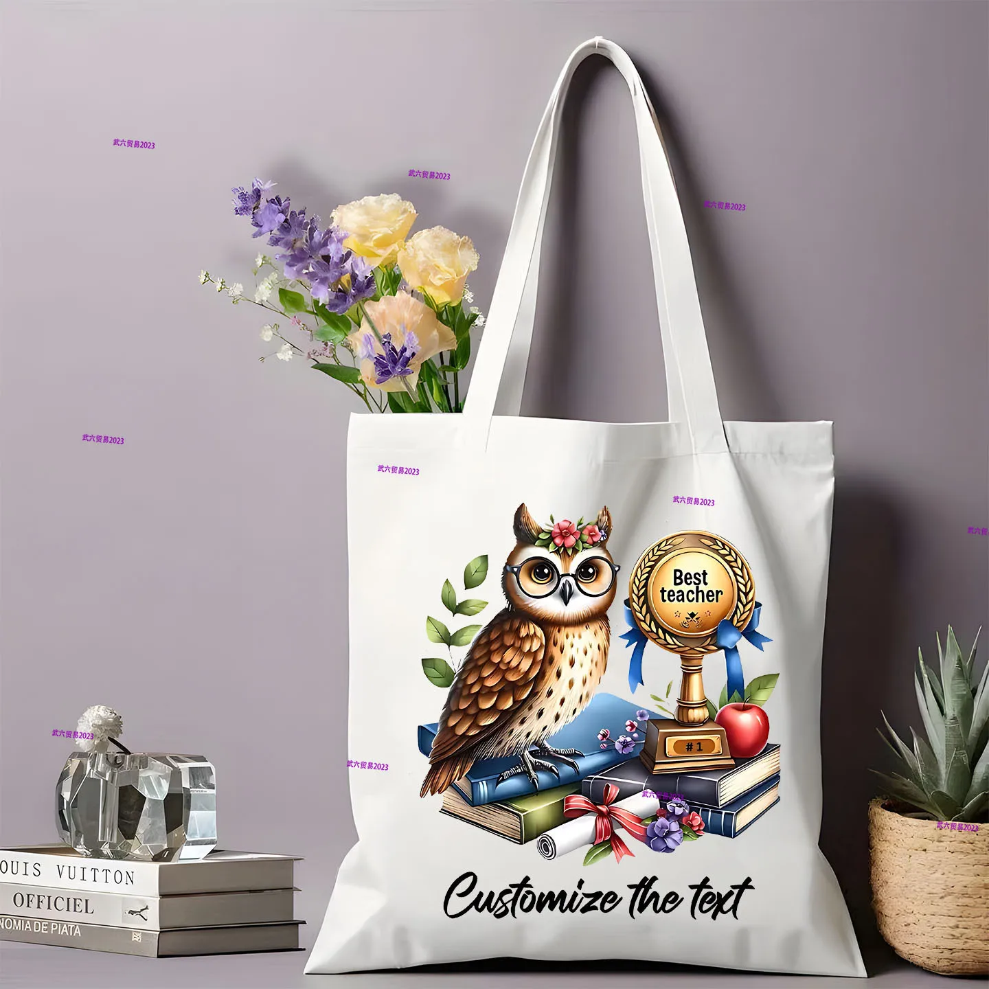 Canvas Tote Bag Best Teacher Ever Apple Book Pencil Print Reusable Shoulder Shopping Bag Teacher Appreciation Gift Handbag