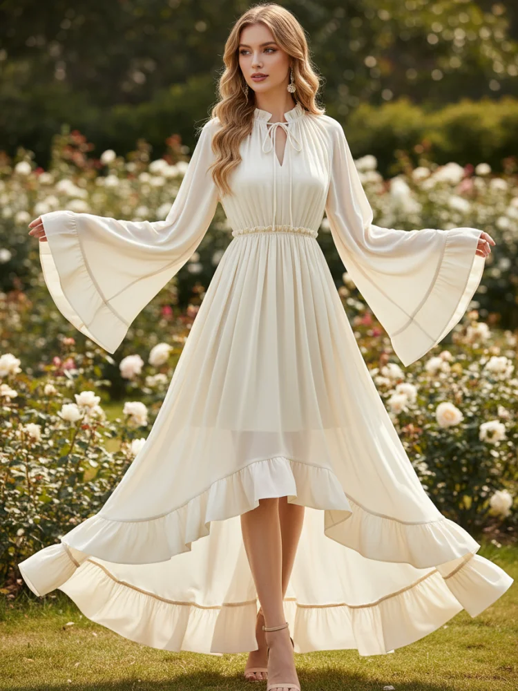 

Freeacy 2025 Fall Elegant Flared Evening Dress for Women Solid Color Round Neck High Waist Flowy A-line Pleated Vacation Dresses