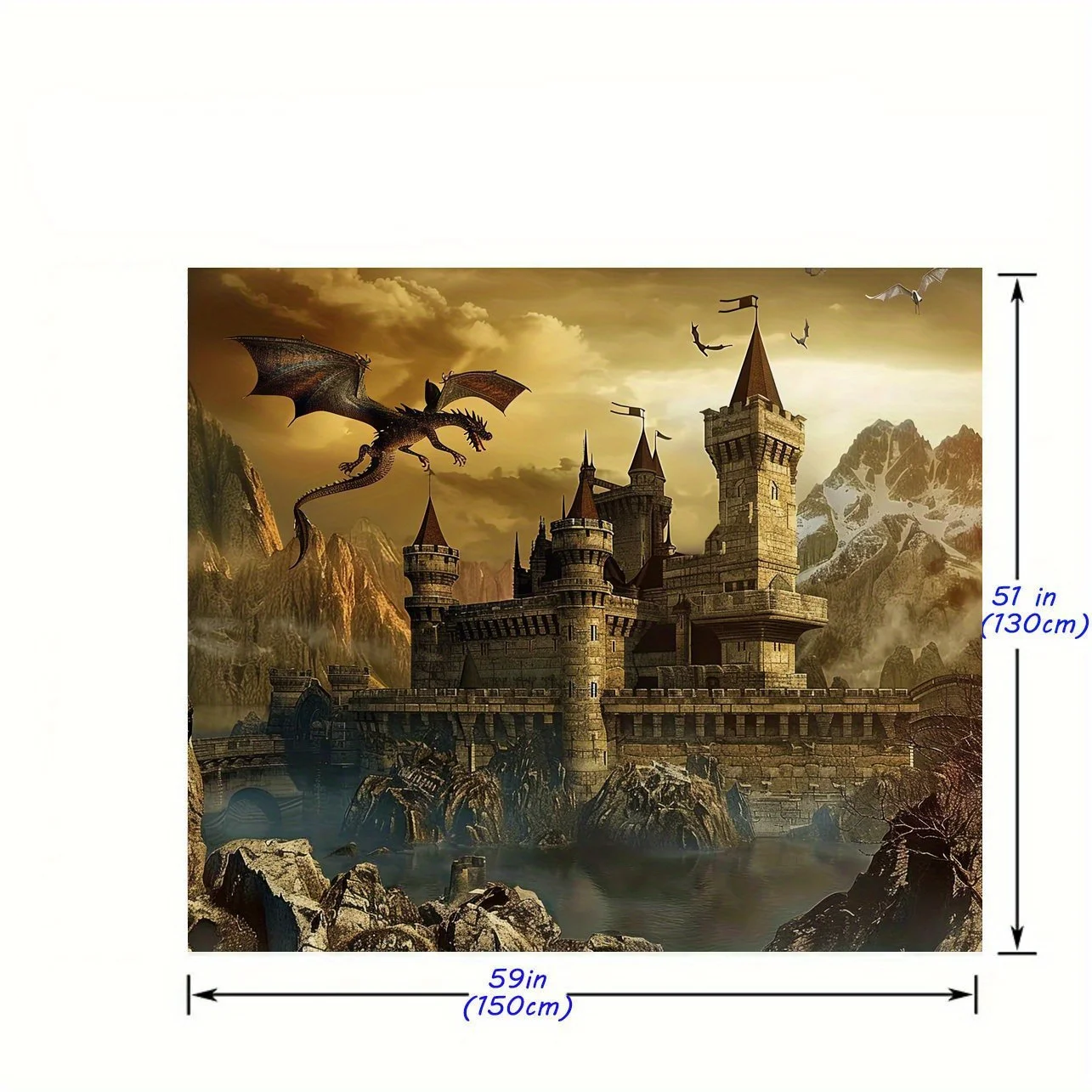 Epic Fantasy Dragon and Medieval Castle Tapestry Wall Hanging Gothic Style Mythological Art Decor for Dramatic Home Decoration