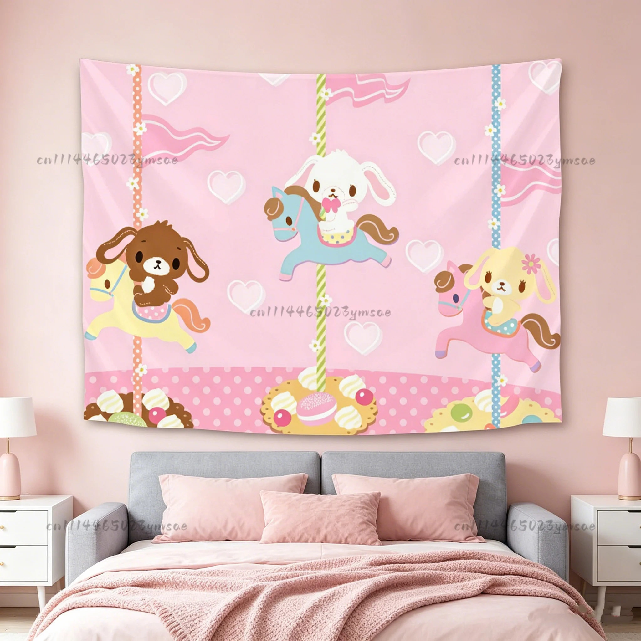 Cute Pink Cook Animal Cartoon Tapestry Kawaii Wall Hanging Background Cloth for Girls Bedroom Dorm Cartoon Flag Decoration Decor