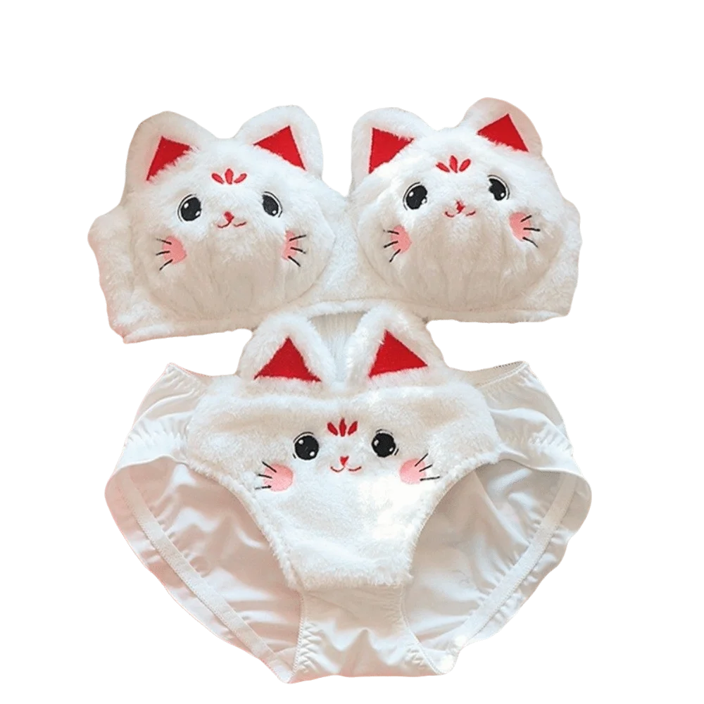 Kawaii Warm Bra Panties Suit Japanese Style Push Up Cat Plush Lingerie Set Wire-free Lolita Plush Underwear Cosplay