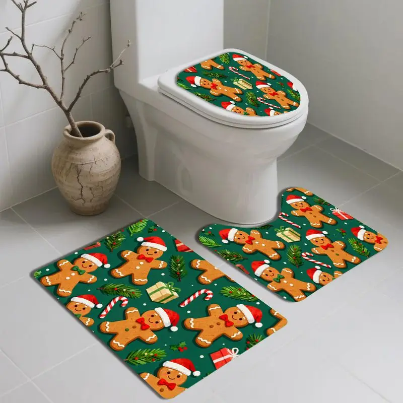 VIKAMA Gingerbread Bathroom Rug Set 3 Piece Green Christmas Print Toilet Seat Cover Non Slip Absorbent For Bath Tub Shower Decor