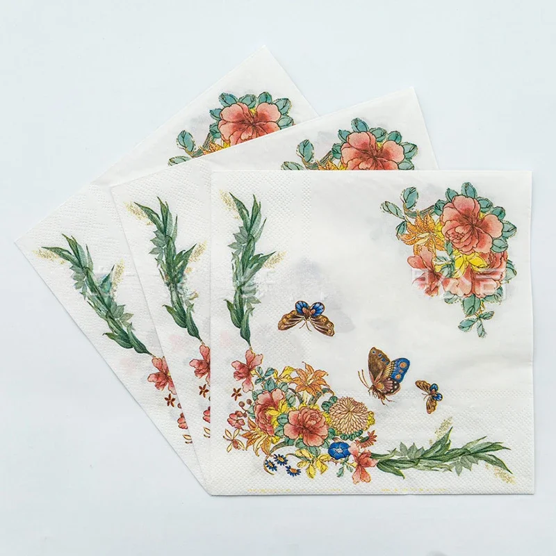 20pcs/Pac Colorful Butterfly Flower and Grass Printed Napkins Butterfly Valley Bart Paper Wedding Pure Wood Pulp Paper Placemats