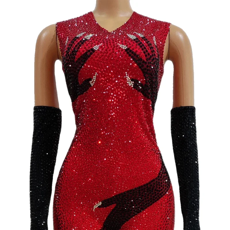 Glänzend Rot Schwarz Strass Overall Handschuhe Frauen Halloween Nachtclub Ds Dj Drag Queen Kostüm Gogo Pole Dance Kleidung SL7239