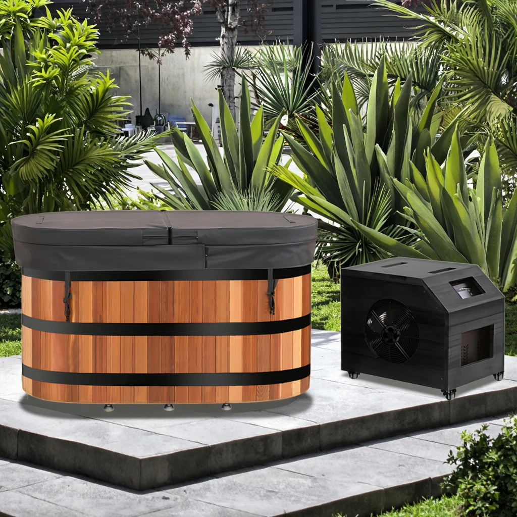 Premium Friendly Mahogany Wooden Cold Water Bathtub Well Constructed For Backyard Soaking Compatible With Chiller For Hot Bath