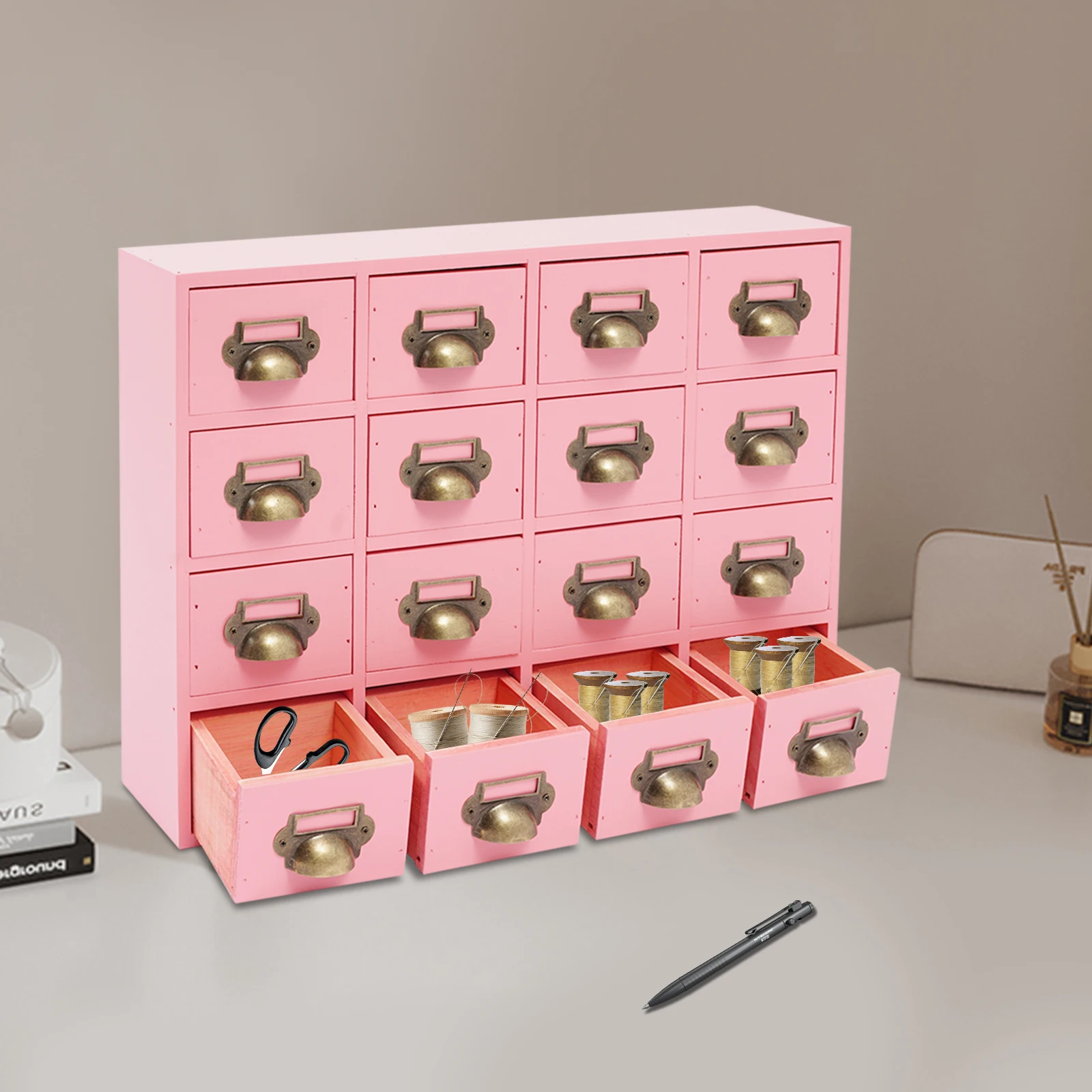 

16-Grid Pink Desktop Drawer Organizer w/ Handles, 10kg Capacity Storage Cabinet for Office Supplies, Multi-Compartment Organizer
