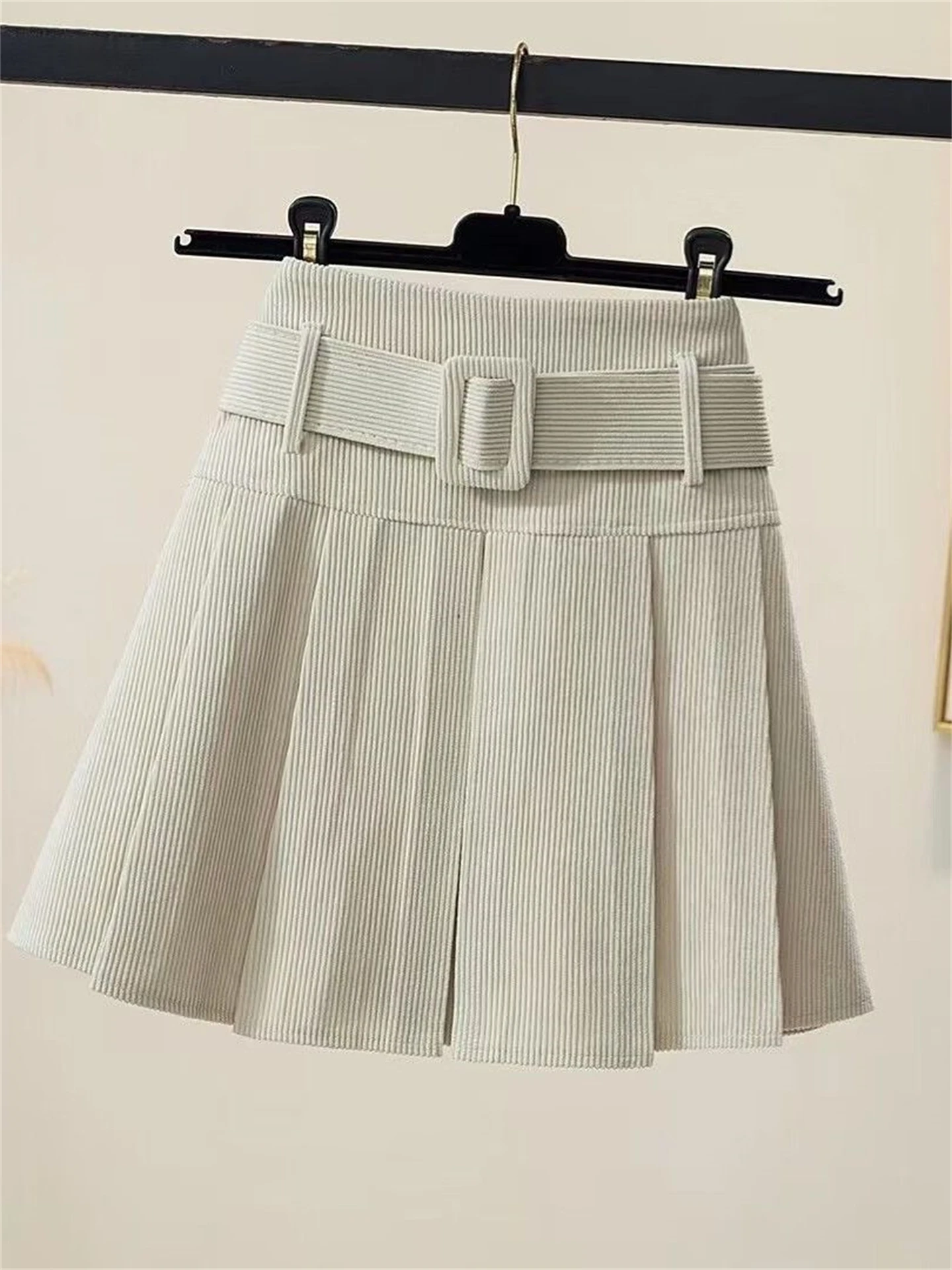 High Waist Corduroy Pleated Skirt Korean Style Short A-Line Woolen Skirt Women's Belted Half Body Skirt Casual Wear
