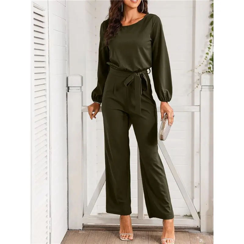 จั๊มสูทผู้หญิง CYL แขนยาว มีเข็มขัด กางเกงขายาวทรงกว้าง ชุดรอมเปอร์ ชุดไปงานแต่งงาน สีเขียวทหาร ไซส์ S
