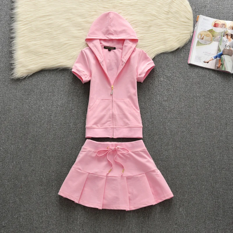 Summer Cotton Tracksuit A-Line High Waist Pleated Mini Skirt Pink Women\'s Hoodies Fashion Slim Waist Casual Tennis Skirts 626