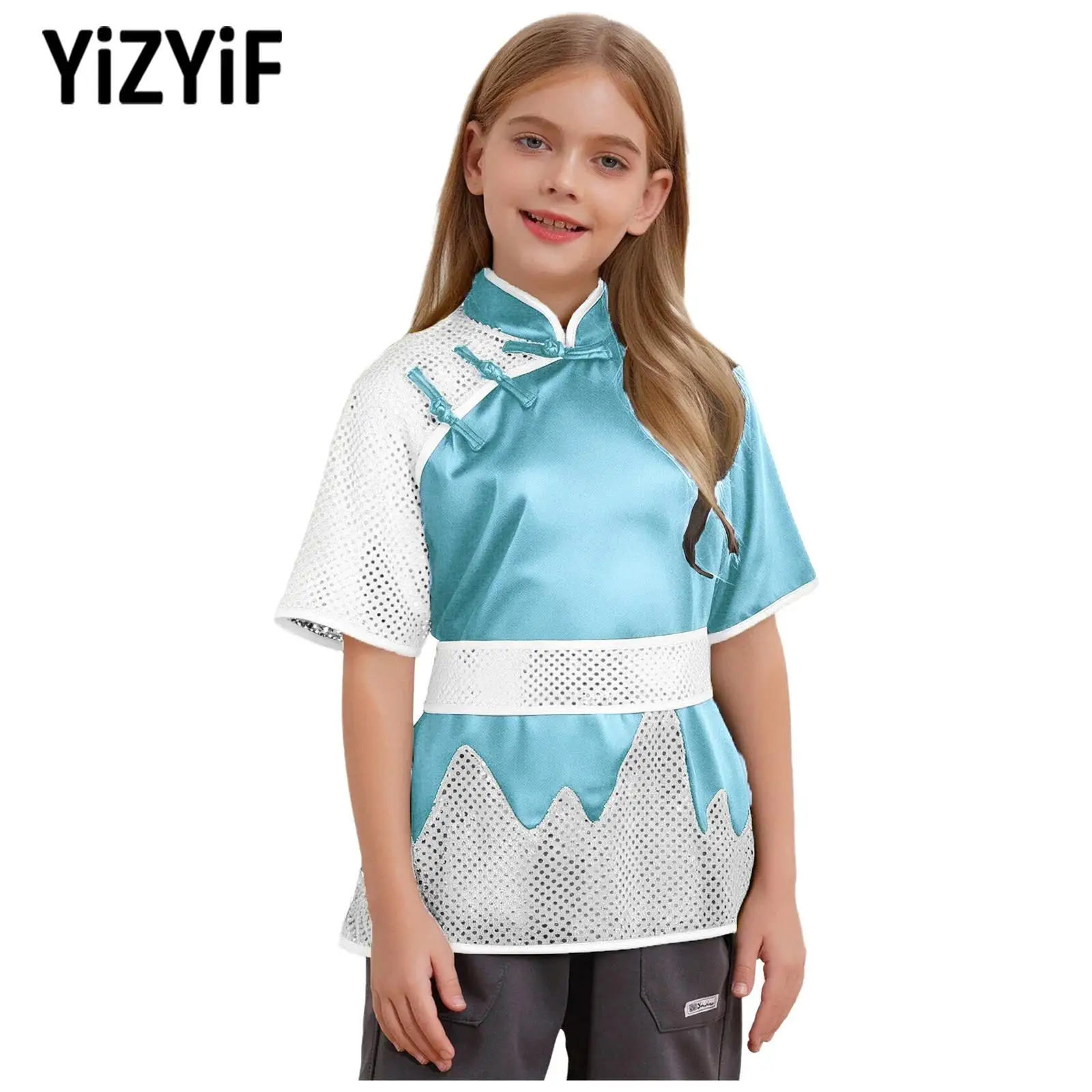 

Kids Boys Chinese Traditional Kung Fu Uniform Sequins Martial Arts Costumes Knot Buttons Mandarin Collar Short Sleeve Top+Belt