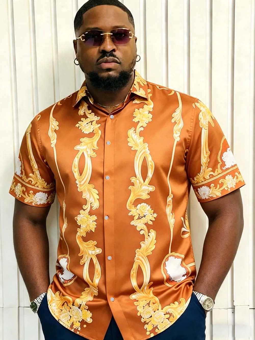 Summer Men's Lightweight Short-Sleeved Shirt Baroque Retro Printed Shirt Hawaiian Vacation Casual Party Top Men's Golden Gift