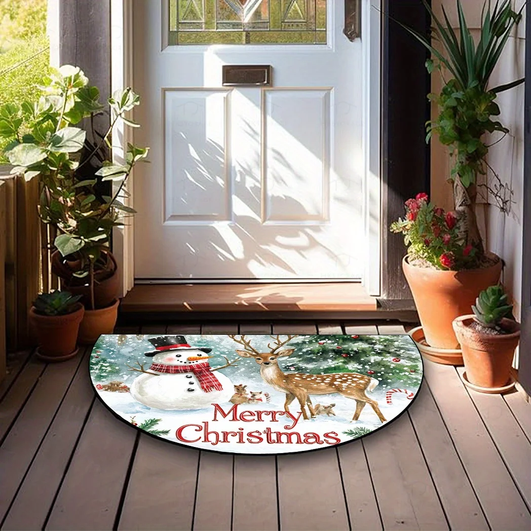 Snowman Reindeer Snow Scene Christmas Doormat Non Slip Washable Floor Mat for Front Porch Kitchen Living Room Balcony Patio Rug