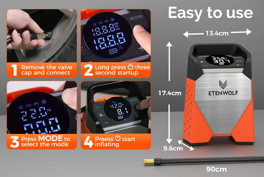 Neuer ETENWOLF S3 Tragbarer Reifenfüller 100% Betriebszyklus 7800mAh Luftkompressor 160 PSI für Autos Fahrräder Bälle Luftpumpe – Detail 8