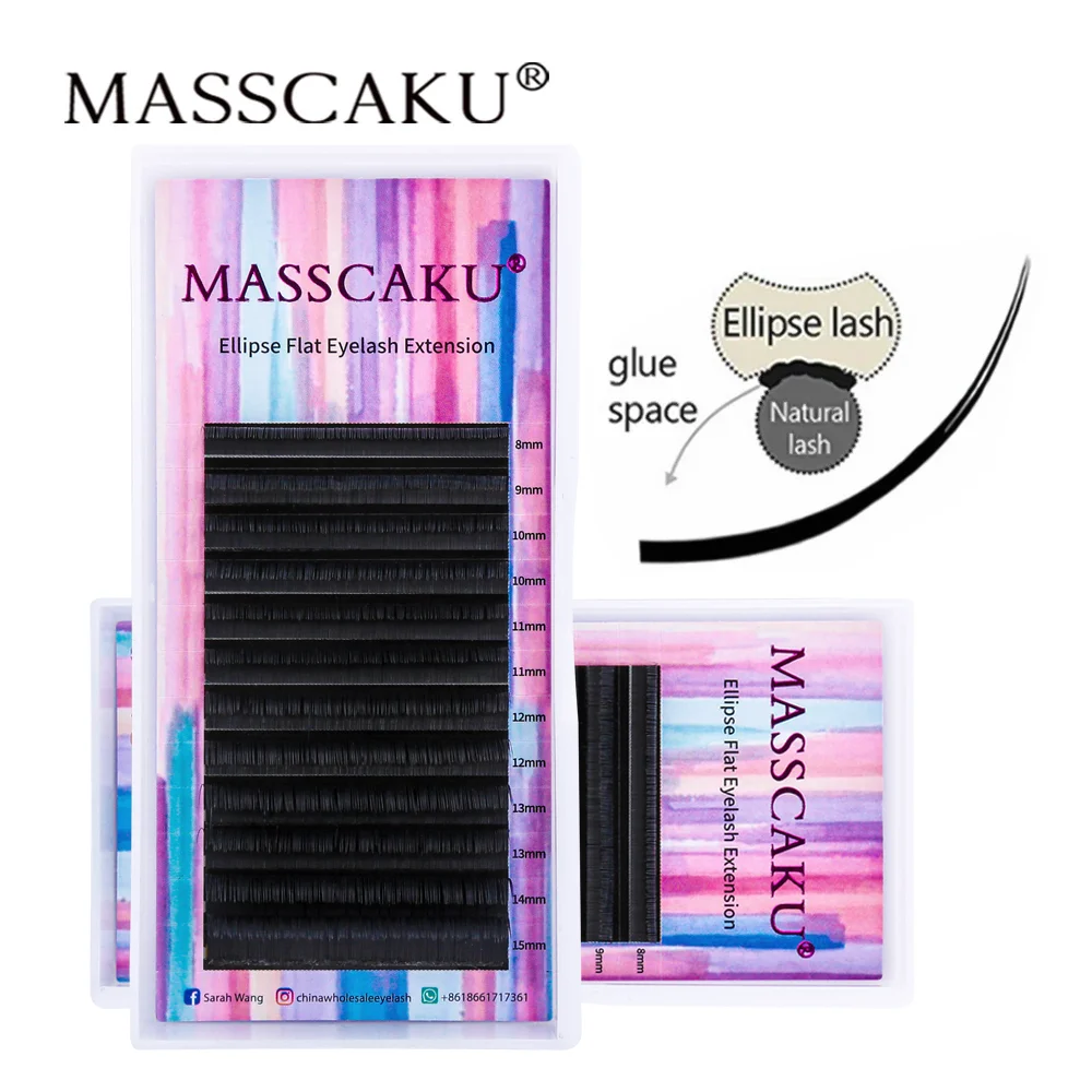 MASSCAKU Matte Black Ellipse Flat Lashes Extensions Soft Double Split Tips Faux Mink Individual Professional Eyelashes