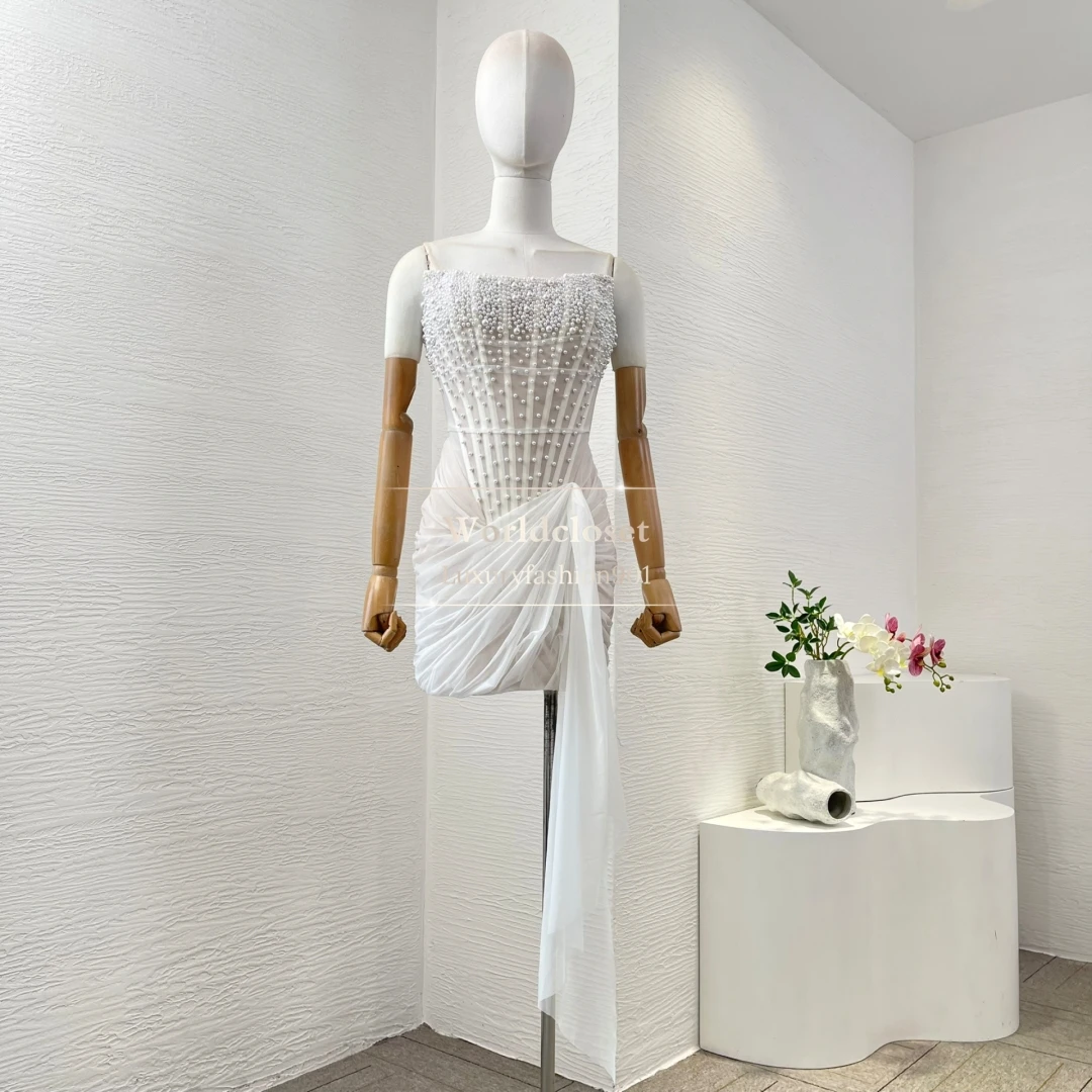 

2025 New Beautiful White Sleeveless Pearls Backless Tube Mini Dress Women Fashion