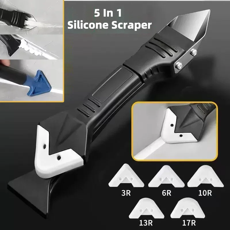 Silicone Scraper Squeegee Glue Remover Knife Caulking Angle Beauty Crack Trowel Tool Grout Scraper Kit with 5pcs Scraper Head