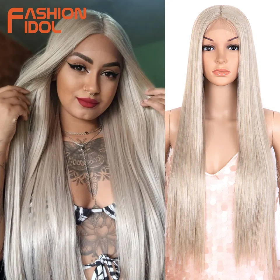 FASHION IDOL 30inch Yaki Straight Lace Wigs Synthetic Lace Front Wigs Ombre Blonde Colorful Cosplay Wigs Heat Resistant Fiber