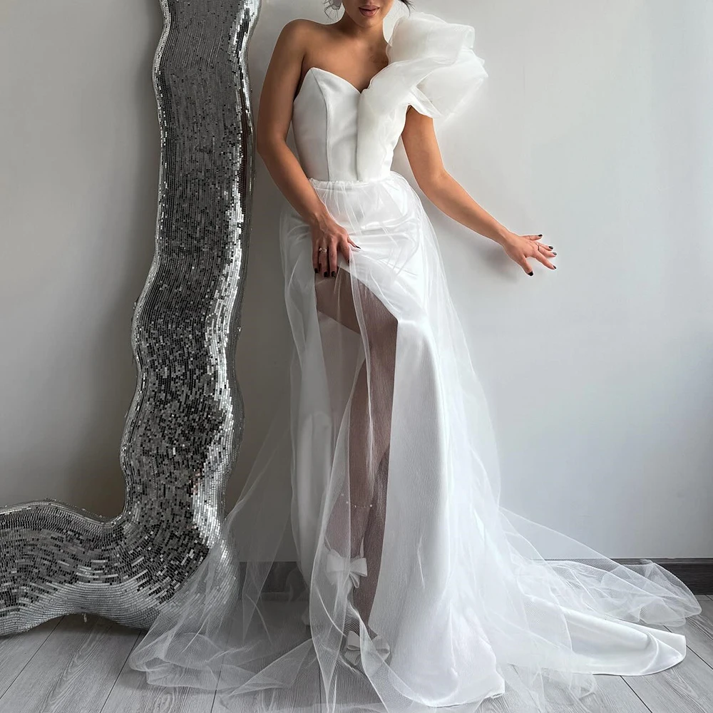 

Customized Tulle One Shoulder Wedding Dress Zipper Back Sweep Train Robe de mariée Sweetheart 2025 Bridal Gowns with S