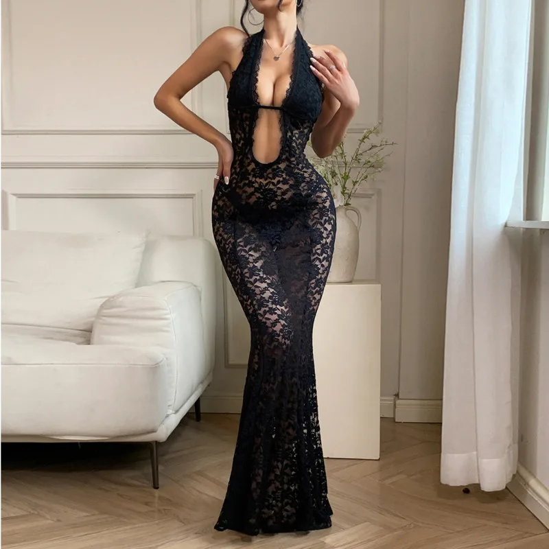 

Элегантное кружевное длинное платье с бретелькой на шее, сексуальное однотонное платье с открытой спиной, летняя женская белая отпускная пляжная длинная юбка с вырезом