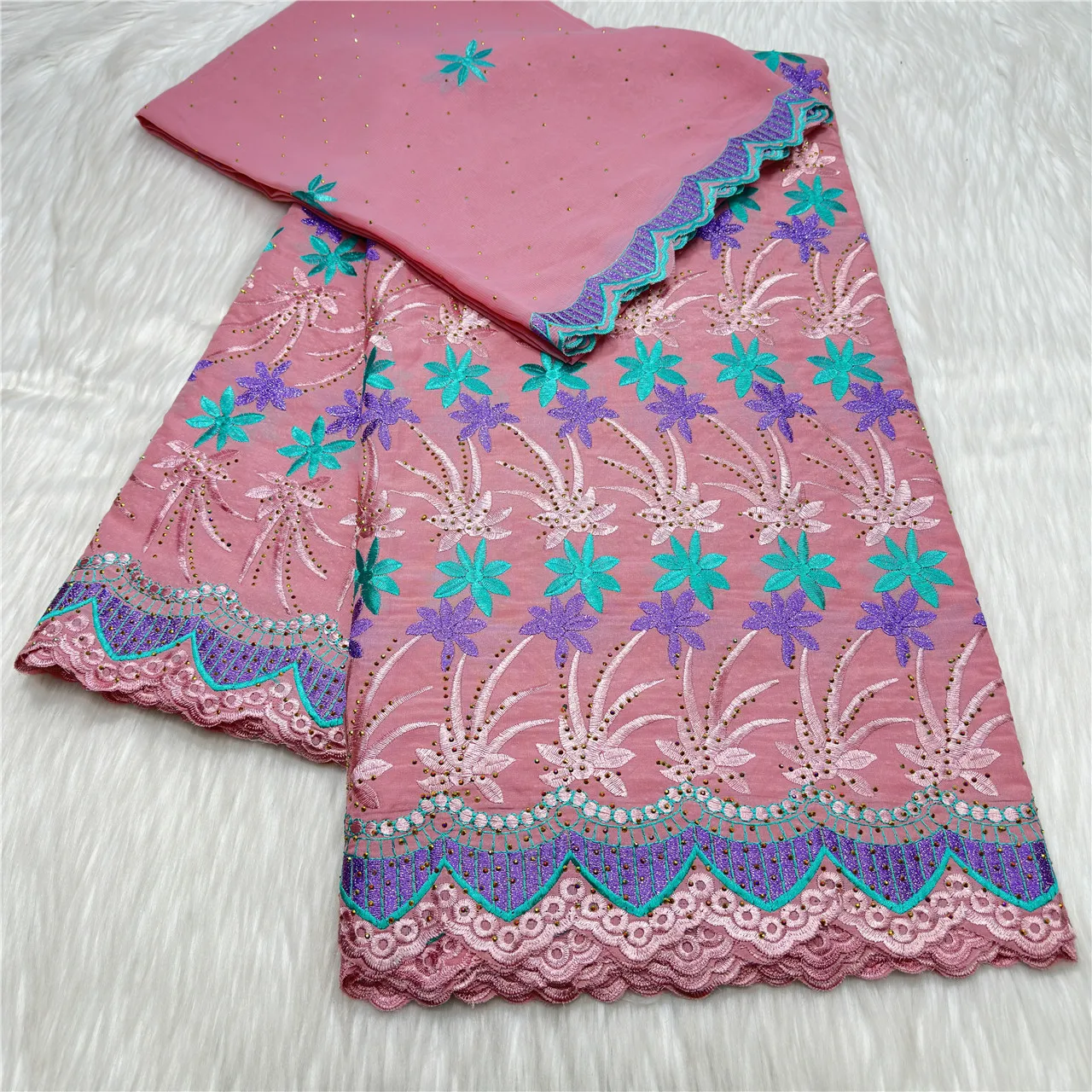 

5+2 Yards African Swiss Voile Lace Fabric Embroidery High Quality With Stones Dry 100% Cotton For Wedding Dress Sewing 23A176