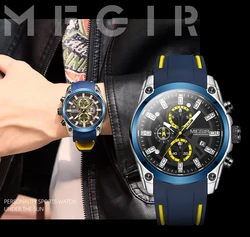 MEGIR Men Sport Watches Original Fashion Military Quartz Waterproof Wristwatches Chronograph Silicone Strap Reloj Hombre 2144