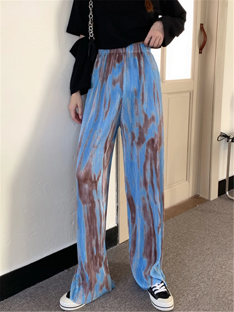 REALEFT 2022 New Summer Vintage Printed Women's Pleated Long Pants Elastic Waist Loose Bohemian Female Wide Leg Trouses Ladies