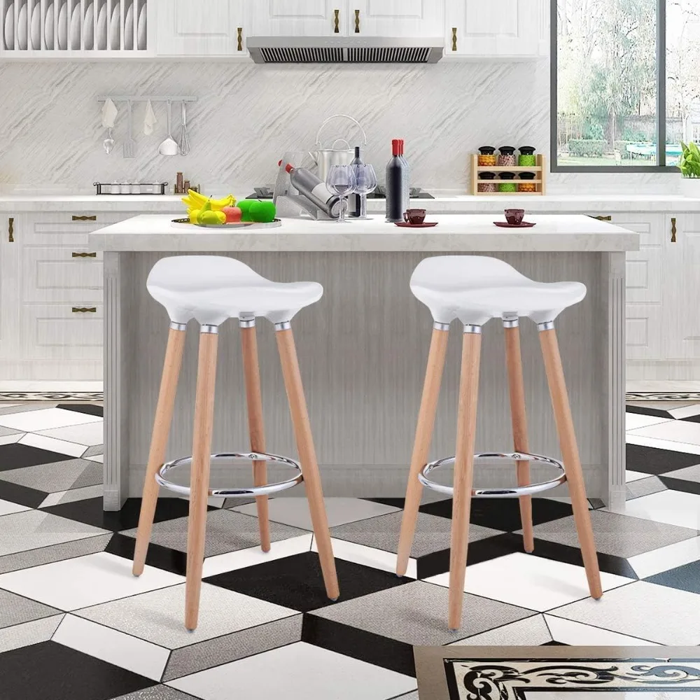 2 bar stool sets, modern counter height stools with PP seats and wooden legs, minimalist armless dining chairs, kitchen