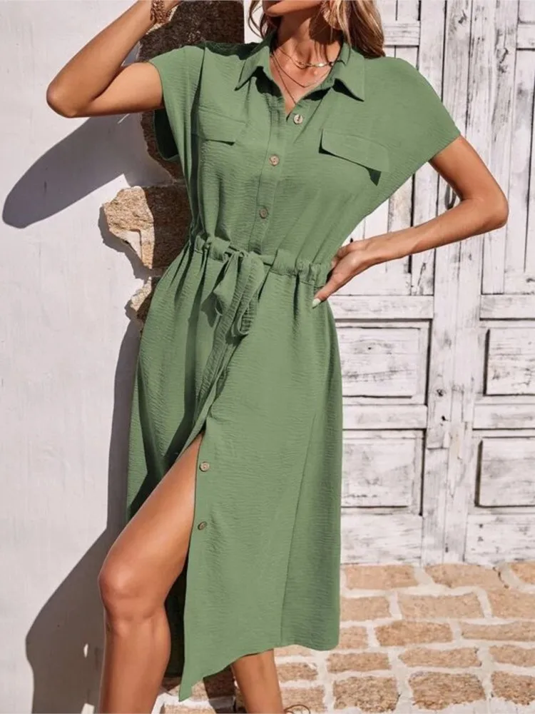 Abito da donna primavera estate nuova moda con coulisse in vita casual comodo colletto della camicia monopetto a maniche corte