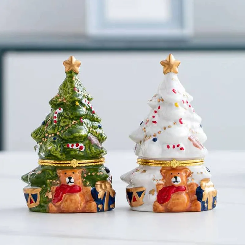 Ceramic Christmas Tree Shape Candy Food Jewelry Storage Container Ceramic Craft and Gift Cookie Jar Trinket Box Holiday Decor