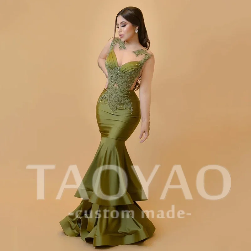 

Mermaid Prom Evening Dresses O-Neck Appliques Beading Satin Long Sleeves Saudi Arabia Cocktail Party Prom Gown Customized