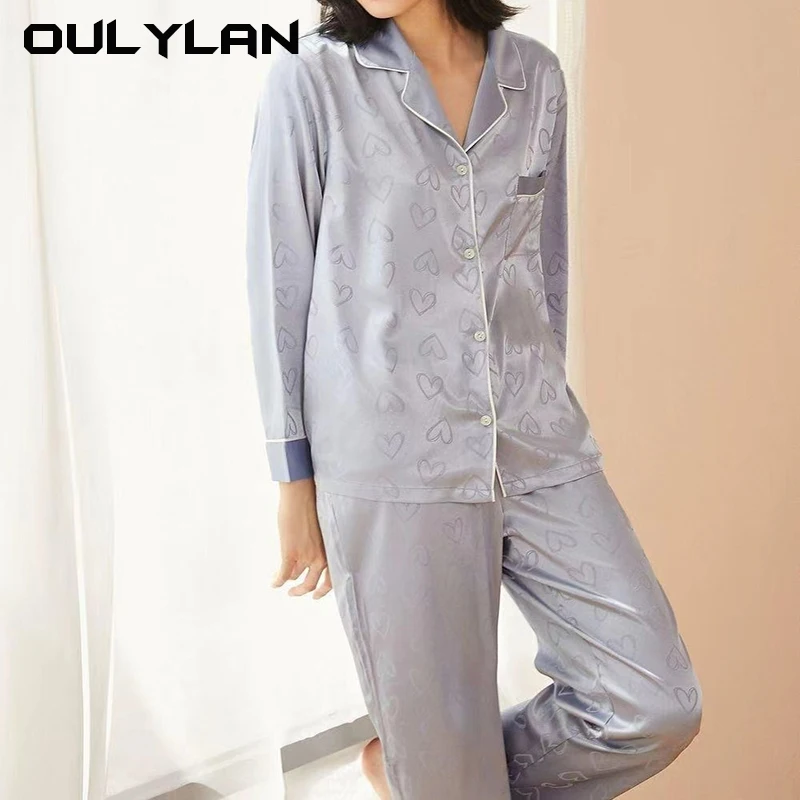 2024 Autumn/Winter pyjamas Home two-piece cardigan lapel student long sleeve trousers silk pyjamas female love blue love powder